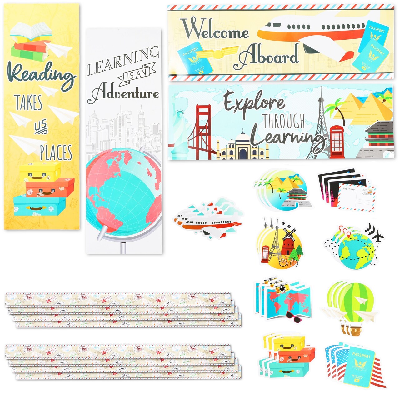 Bright Creations Travel Theme Classroom Jobs Bulletin Board Set - Travel Classroom Theme Borders & Bulletin Board Cutouts - Glossy Paper, 42 Pieces, 8 Borders, 4 Banners & 30 Die-Cuts
